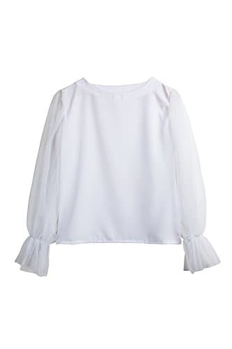 Suvimuga Women Mesh Patchwork Sheer Lantern Sleeve Scoop Neck Blouse T Shirt White L