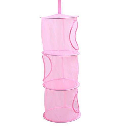 Foldable Round Mesh Hanging Organizer Net 3 Shelf Compartments Tier Kids Toy Storage Cage Space Saving Clothes Basket Bags Bathroom Wardrope Wall Door Closet (Pink)