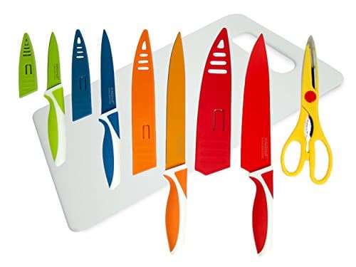 Premium Quality 6 Piece Set: Coloured Kitchen Knife Set with Protective Caps+ Kitchen Shears/ Scissors+ Chopping Board- Perfect for Meats, Fish, Vegetables, Fruits, Cheese and many others