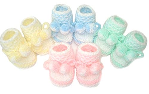Hand knitted Two Colour DK Baby Booties in Honeycomb Pattern With PomPom Ties - Newborn 0-3 months (lemon)