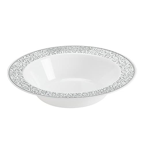 [10 PACK] Lace Collection Elegant Premium Plastic Disposable Party Dinner Plates (12oz-354ml Soup Bowls, White &amp; Silver)