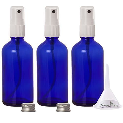 Premium 100ml Glass Leak Proof Atomizer Spray Bottles by Nomara Organics - Pack of 3 in Cobalt Blue Glass with Atomiser Sprays + BPA- Free Transfer Funnel &amp; 2 x Leak proof Silver Caps.
