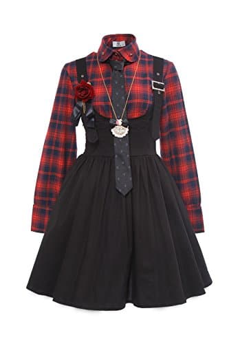 Nuoqi Women's School Uniform Classic Basic Red Plaid Long Sleeve Shirt with Black Lolita Suspender Skirt Costumes