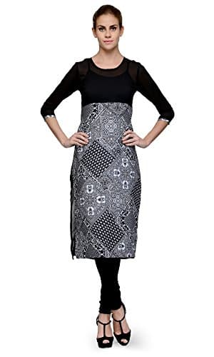 Indi Dori Women's Polyester Black Solid Yoke Tribal Print Kurti XXL Multi