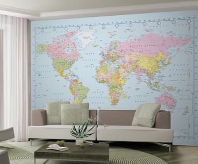 Large Wallpapers Murals (Including Manufacturer's branded Paste) - Various Themes Eg. Nature, Cities, Transportation, World Maps etc. - Size :3.15 Metre (Wide) x 2.32 Metre (High) (WORLD MAP - COLOUR)