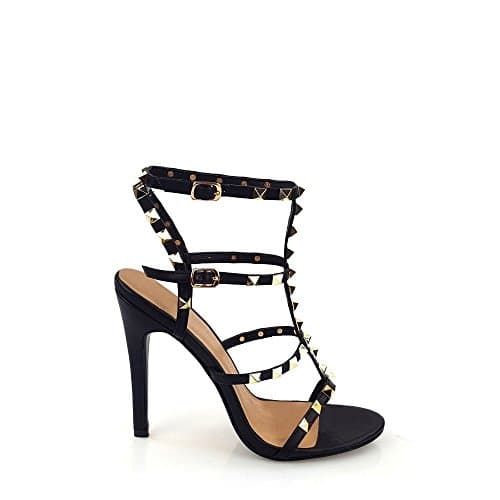 High Stiletto Heel Rockstud Anklestrap Sandal With T-Bar 5 BLACK MATT