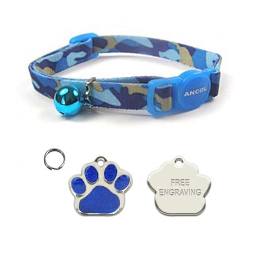 ANCOL Cat Blue Camouflage Quick Release Collar With Engraved Paw Print Shaped Glitter Cat ID Tag