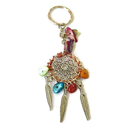 silver tone lightweight feather dream catcher key-ring with coloured chips and gift bag
