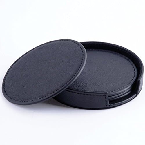 Magic Vosom Leather Coaster with Coaster Holder for Wine, Coffee and Tea Black