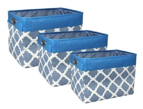 Signature Home 3-Piece Printed Decorative Rectangle Grommet Handle Storage Tote with PVC Trim, Blue Moroccan