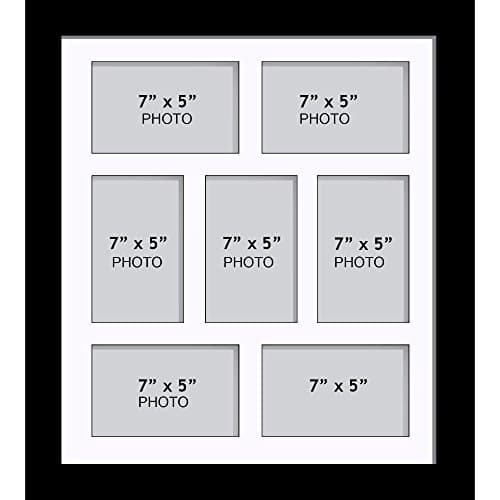 Large Multi Picture Photo Aperture Frame, 7” x 5” size with 7 openings in White Mount, Choices of frames