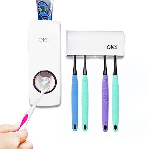 Potentcera Automatic Toothpaste Dispenser 5 Toothbrush Holder Set Dust-proof Wall Mounted with Super Sticky Kids Hands Free Toothpaste Squeezer for Family Washroom bathroom（white）