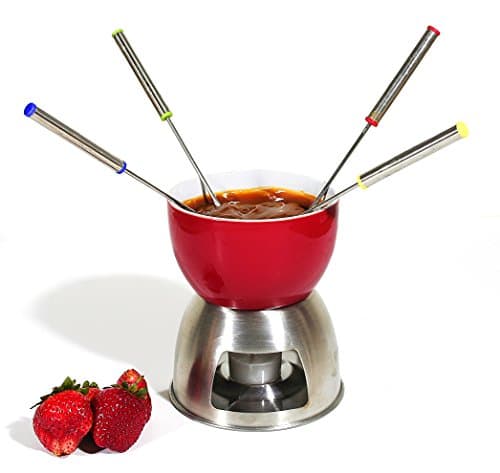 Janazala Ceramic Chocolate Fondue Set Includes Red Ceramic Pot, Ceramic Candle Stand, 4pcs Forks and 4pcs Tealights. The Fondue Maker For Chocolate, Butter. Cheese and Other Hot Dips