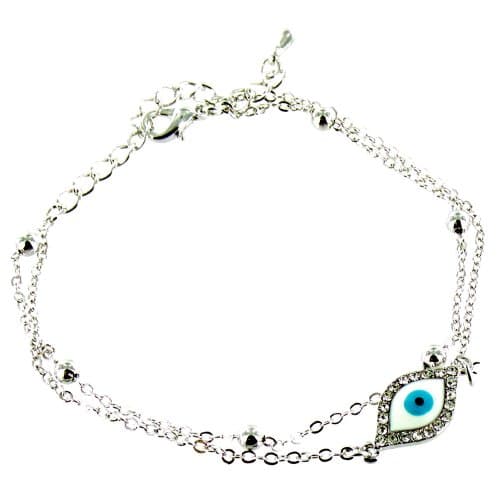 White and Blue on Silver Plated Evil Eye Pendant Bracelet