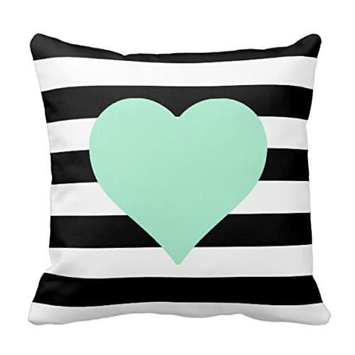 Black and White Striped Mint Heart Throw Pillow Case Personalized 18x18 Inch Square Cotton Decorative Throw Pillow Case Decor Cushion Covers