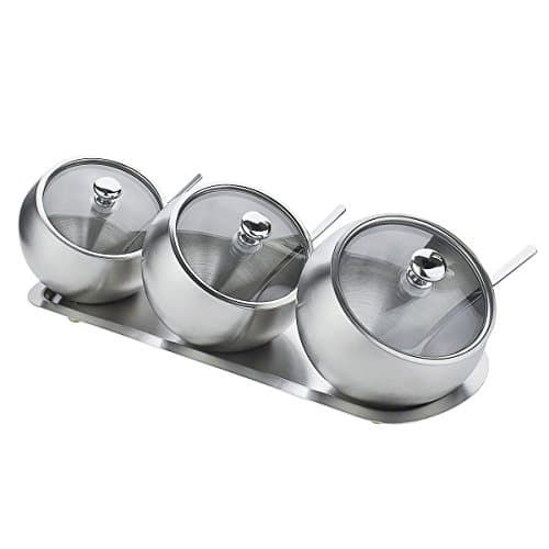 VFEVRS Seasoning Container Set, Condiment Pots Spice Serving Jars Sugar Bowl with Lid and Serving Spoons,Set of 3