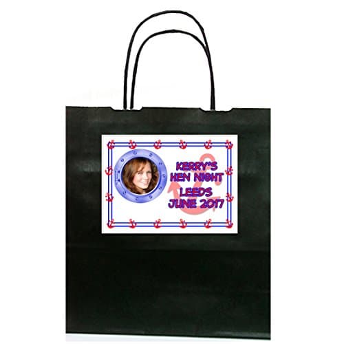 Personalised SAILOR Theme with WHITE WITH BLUE LABEL ON BLACK PARTY BAG with YOUR PHOTO for Hen Night Nautical Navy Birthday Do Weekend sized 19x8x21cm