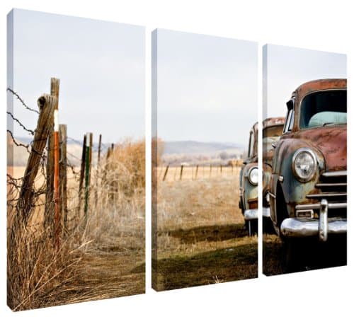 Canvas Picture Rusty Cars - 3 Panel Split Set stretched and mounted around three 10 x 20 inch (25cm x 51cm) wooden frames by Pixel Zone