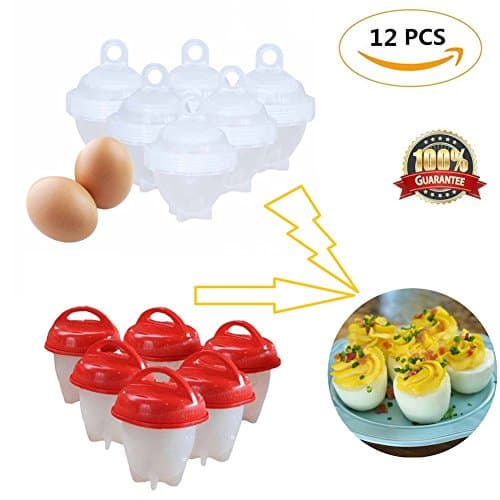 Egglettes Egg Cooker -6 Pieces Egg Cooker Hard &amp; Soft Maker, No Shell, Non Stick Silicone, Poacher, Boiled, Steamer by Coaste Antilane (12 Pcs Red+ White)