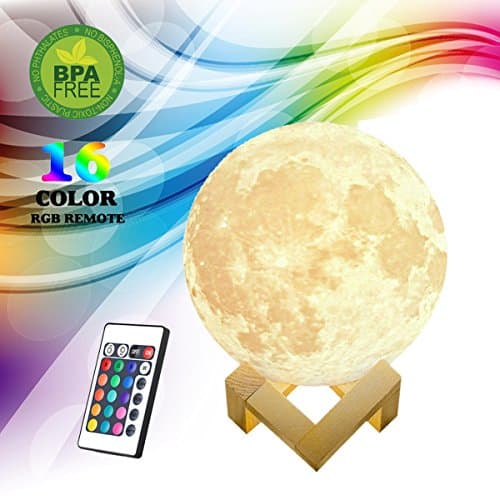 Larger Cool 3D Full Moon-Lamp,5.9"/15cm Remote LED Luna[Wooden Holder]Modern Floor Desk Bedroom Home Decorative Novelty Lights