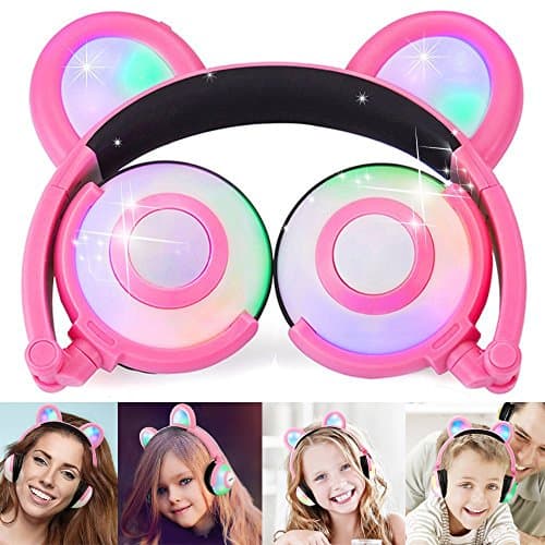 Headphones Over Ear with Microphone, USB Rechargeable Wired Foldable with LED Flashing Glowing Lights Bear Headphones for Girls,Children,Compatible for iPhone,iPad,Android Phone,Computer.