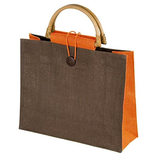Orange Jute Bag with Bamboo Handles and Button Closure.