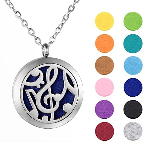Zoiki Essential Oils Diffuser Music Note Locket Pendant Necklace 24" Lobster Claw Clasp Chain 12 Colors Oil Refill Pads with Velvet Gift Box