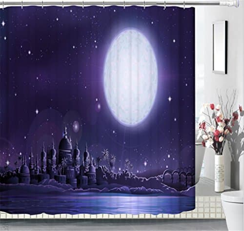 KKLL 3D Shower curtains Bathroom decorated Visual space The castle in the moonlight Polyester printing Waterproof and mildew Thickened Bathtub Occlusion privacy Hanging curtain , 200*180cm