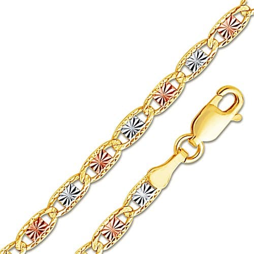 14k Tri 3 Color Gold Solid 3mm Valentino Star/Edge Diamond-Cut Chain Necklace