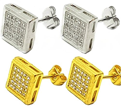 Vonchic Iced Out Gold Silver Tone Square Ear Stud Earrings - 2 Pairs (9mmx9mm)