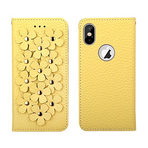 iPhone X Wallet Case Folio (5.8-Inch), 3D Vintage Flower Patchwork Flip Floral Cover PU Leather Wallet Case with 2 Card Holder for Girls and Women (Yellow)