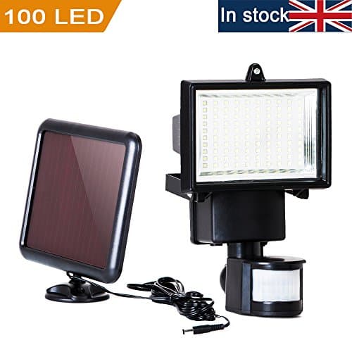 Motion Sensor Flood Light, URPIRE 100 LED Waterproof Outdoor Solar Powered PIR Security Light for Garden Patio Yard Wall Fence Garage - Adjustable Time, 3 Smart Modes, Solar Panel with Extend Cable