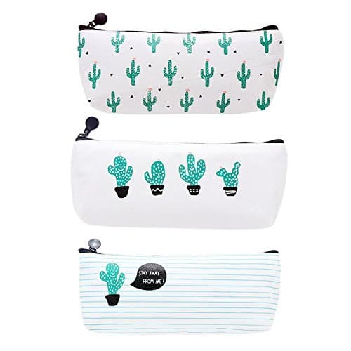 Chbmarteu Set of 3 Fresh Cactus Pattern pencil case, Cactus Zero Purse,Canvas Zippered Stationery,Korean simple male and female middle school students cute little fresh zipper pencil bag