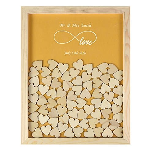 YS2016 Personalised Engraved Infinity Love Rustic Drop Top Wooden Frame Wedding Guest Book With 130 Small Wood Hearts (Pearl Gold)