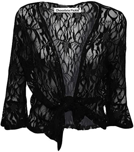 CHOCOLATE PICKLE Ladies Plus Size TIE up 3/4 Flared Sleeve Shrug Lace Sequin Bolero TOP 12-26