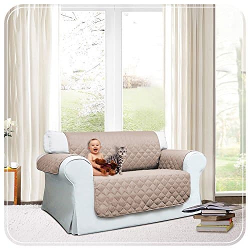Water Resistant Deep Pile Quilted Sofa Chair Pet Protector Settee Slip Cover/Thow 1, 2 &amp; 3 Seater (2 Seater, Beige)