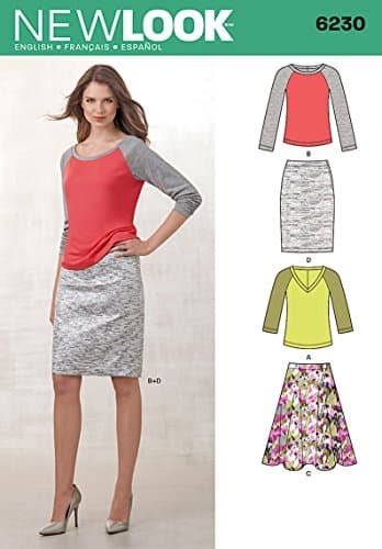 Simplicity New Look Sewing Pattern 6230: Misses' Knit Top and Full or Pencil Skirt, Size A (4-6-8-10-12-14-16), 32-44