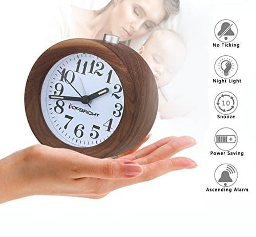Crazydream Small Bedroom Silent Alarm Clock,Creative High Quality Walnut Wood Clock Travel Clock,Nightlight,Snooze,Silent Sweep Seconds,No Ticking,Luminous Hands,Battery Power (Walnut)