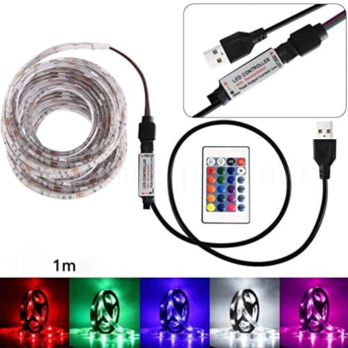 ALISAM 50-200 CM USB LED Strip Light TV Back Lamp 5050RGB Colour Changing LED Strip Lights Kit+24 Keys Remote Control,String Light for TV Lighting Decoration Home Kitchen Cabinet Lighting (100CM)