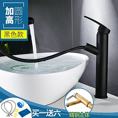 Groeshane European Style All Copper Pulling Type Faucet, Hot And Cold Platform Basin Wash Basin, Single Hole Basin Head Heightening, Telescopic,[Black] Heighten - Round Draw