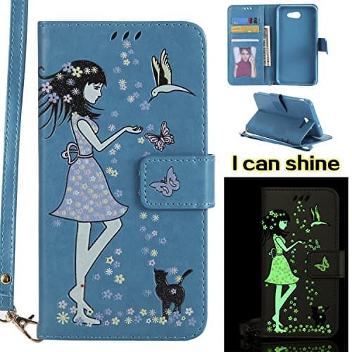Samsung Galaxy J7 2017 Case [with Free Screen Protector],Kwapo® Embossed Girl and Cat Pattern Design Premium Flip Magnetic Detachable PU Leather Wallet [with 9 Credit Card Holder Slots] Smart Standing Folio Book Style Ultra Thin Nice Drawing Patterns Protective Case Cover Skin for Samsung Galaxy J7 2017 - Blue