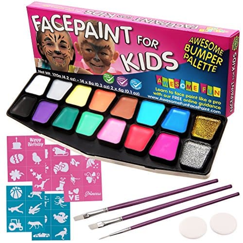 Face Paint Kit, BIG BUMPER 16-Pack for Kids with Make-Up Case. Face Painting Party Set with 3 Professional Brushes, 2 Sponges, 14 Colours, Stencils, Glitter Gel, FREE eBook. Safe Non-Toxic Water-Based
