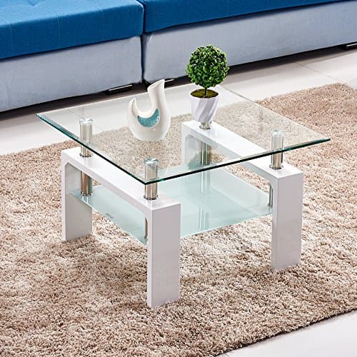 Modern Design 2 Tier Coffee Table with 8mm Tempered Glass, Polished Square End Table Space Saving for Living Room (White)
