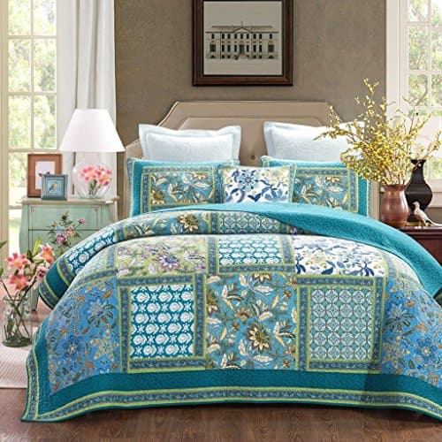 DaDa Bedding Fountain Patchwork Quilted Bedspread Set, Blue, California King