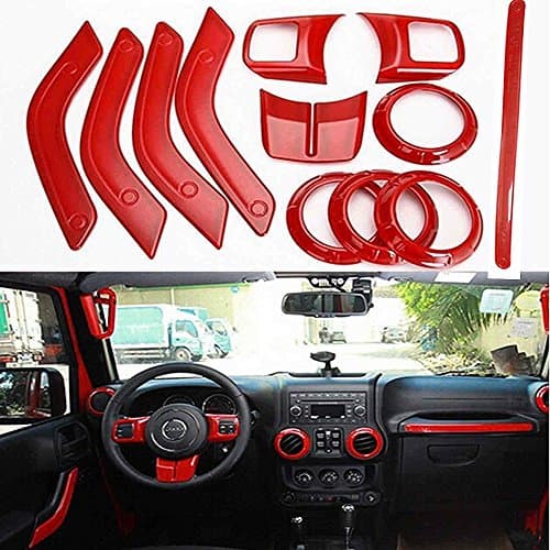 12 Pcs Full Set Interior Decoration Cover Trim Decorative Strips(Air Conditioning Vent &amp; Door Inner Handle &amp; Copilot Handle &amp; Steering Wheel Cover Trim Kits) (Red)