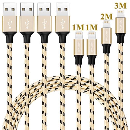 IWAVION iPhone Charger, 4Pack 1M 1M 2M 3M Extra Long Nylon Braided to USB Cable Fast Sync Charging Cord for iPhone 8/8plus/X/7/7 Plus/6s/6s Plus/6/6 Plus/5/5Plus/iPad and iPod (Black&amp;Gold)