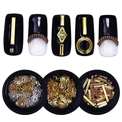 BONNIESTORE 3 Boxes Gold Silver Multi Nail Art Rivets Studs Metal Chain Flower Heart DIY Nail 3D Decoration
