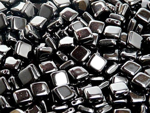 40 Pieces Czech Glass Beads Tile Two-Hole, Flat Square 6x6x2.9mm Jet Black