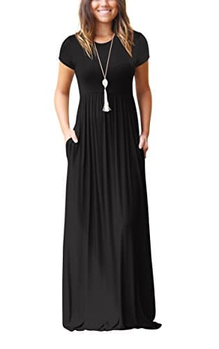 ZIKKER Women Short Sleeve Solid Color Loose Plain Long Maxi Dress Casual Pockets Dresses Black Small