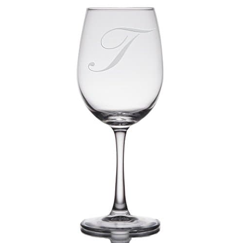 Initial Etched Wine Glass - Artisan Sand Engraved Monogram Design on 14 oz. Stemware (Letter: T)